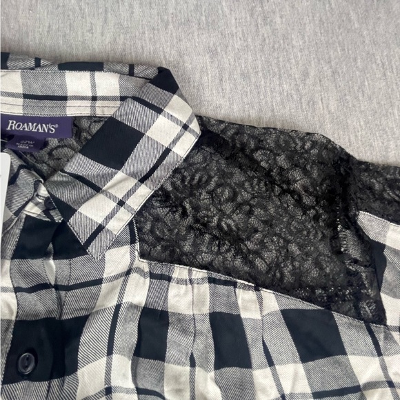 Roamans 22w Plaid Sheer Lace Black And White Long Sleeve Button Up NWOT - Picture 5 of 11
